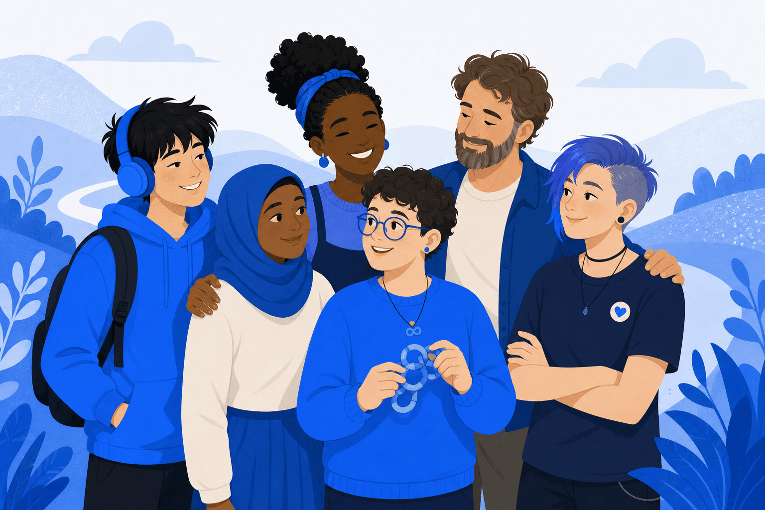 Illustration of a diverse group of happy neurodivergent people standing together