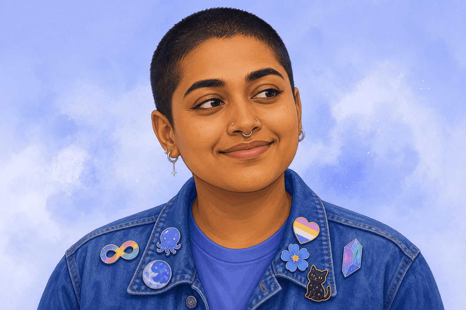 Illustrated portrait of a smiling South Asian person with a buzz cut and enamel pins