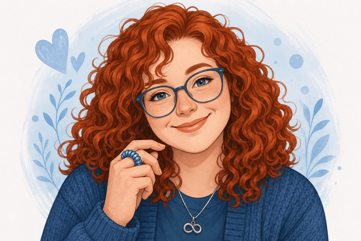 Illustrated portrait of a smiling person with red curly hair