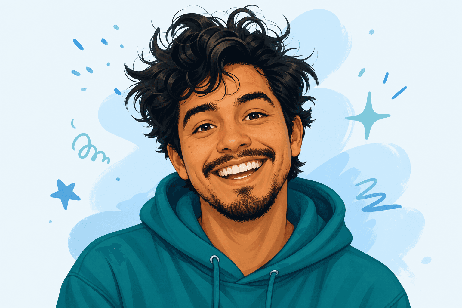 Illustrated portrait of a smiling Latino person in a teal hoodie
