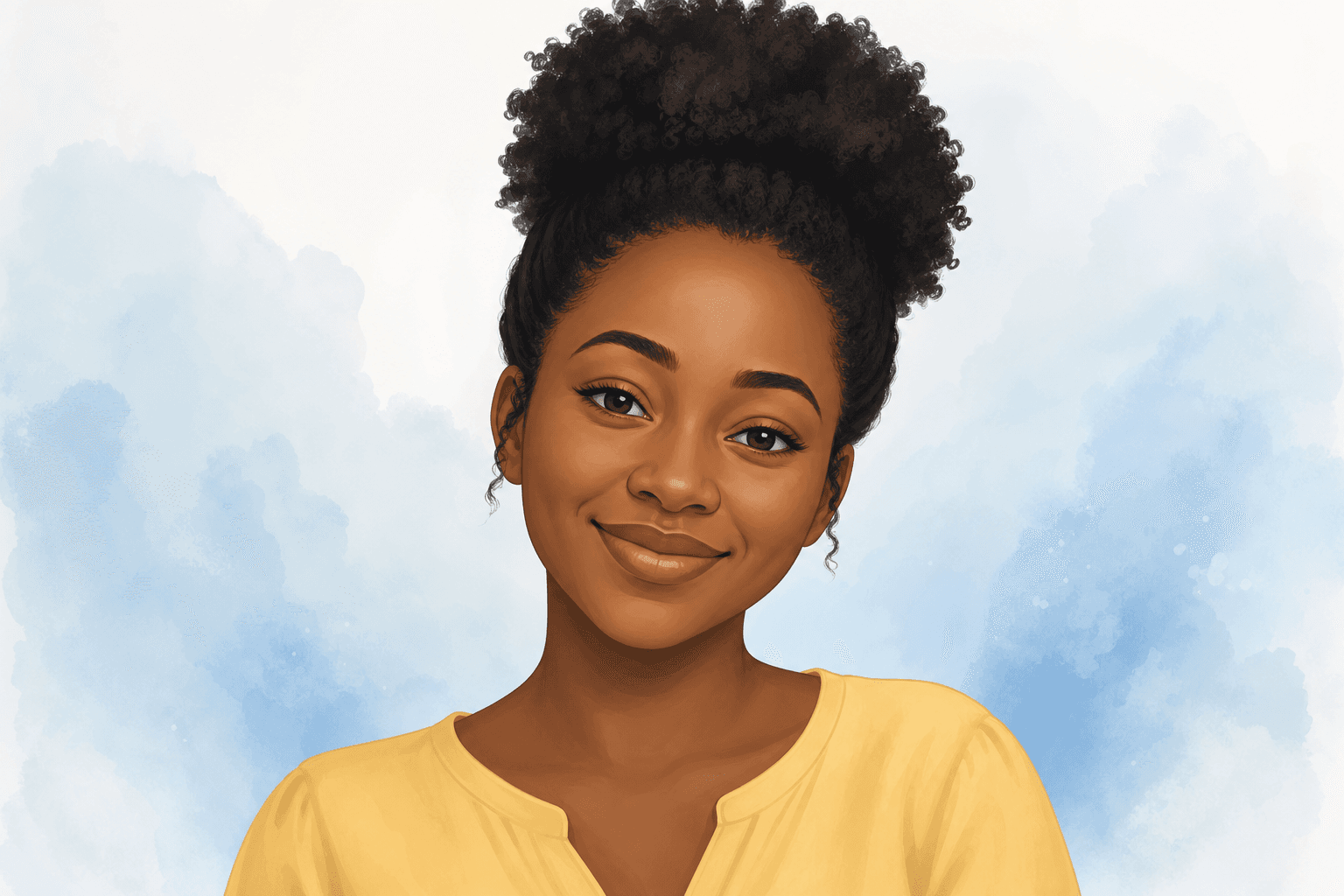 Illustrated portrait of a smiling East African person with natural hair