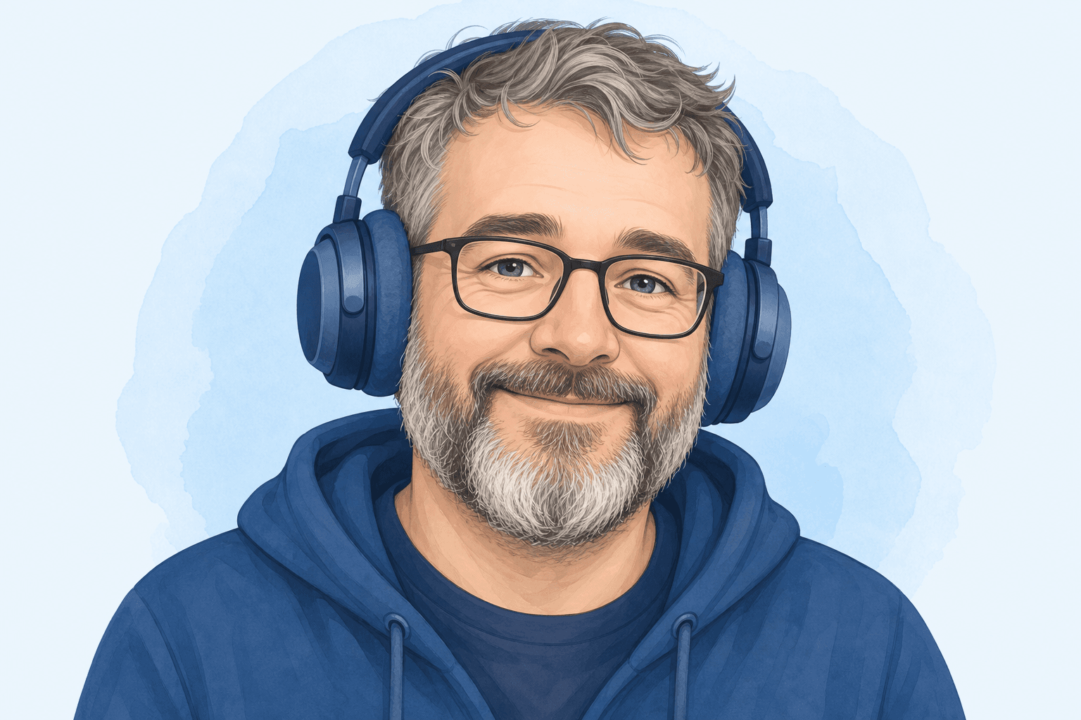 Illustrated portrait of a smiling older person with headphones