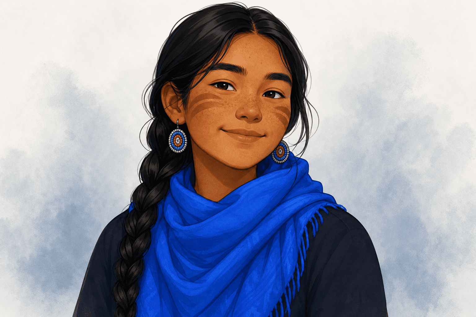 Illustrated portrait of a smiling Indigenous person with a braided hairstyle