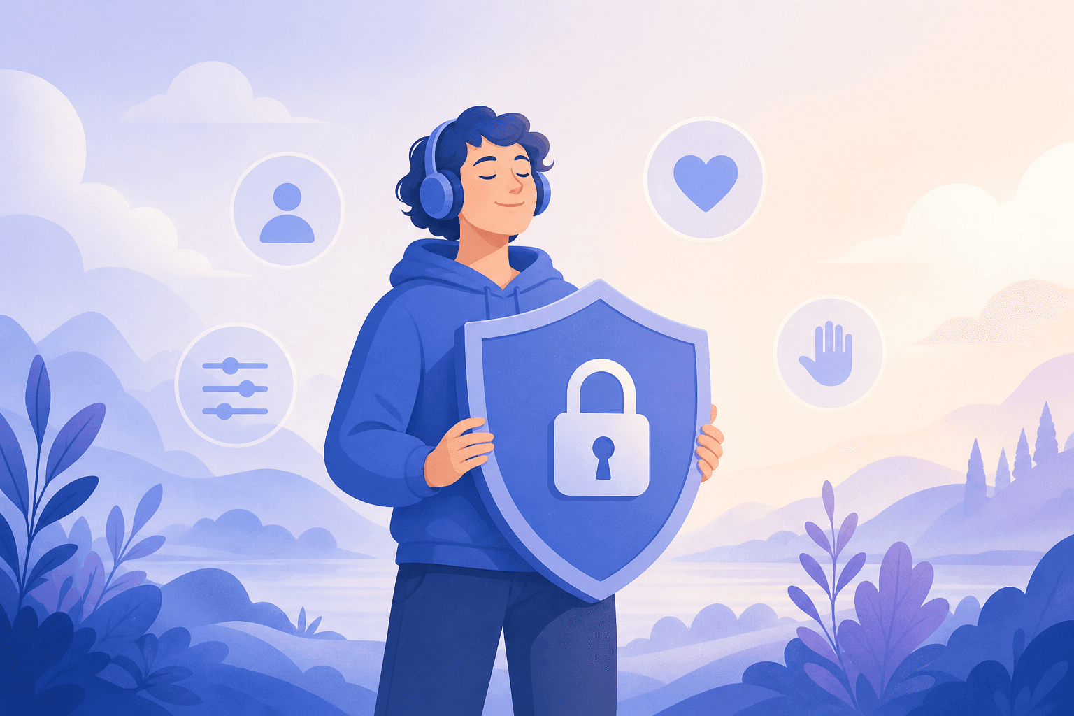Illustration of a confident person with a privacy shield, representing trust and control