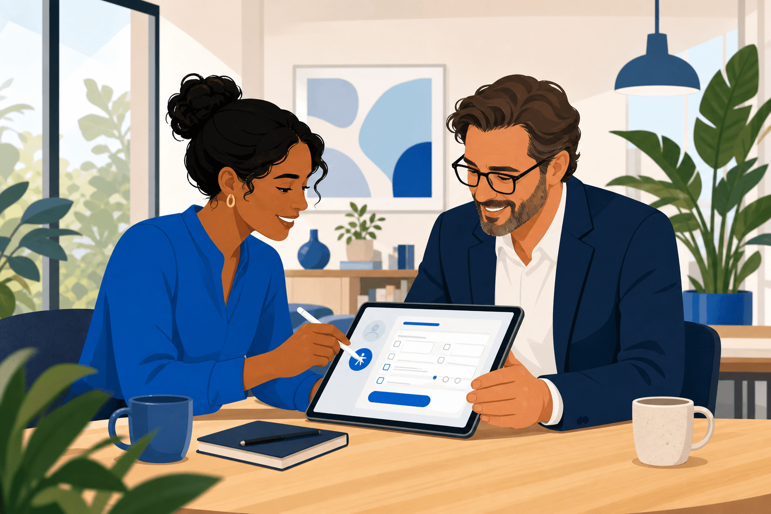 Illustration of two professionals co-designing an accessible intake workflow