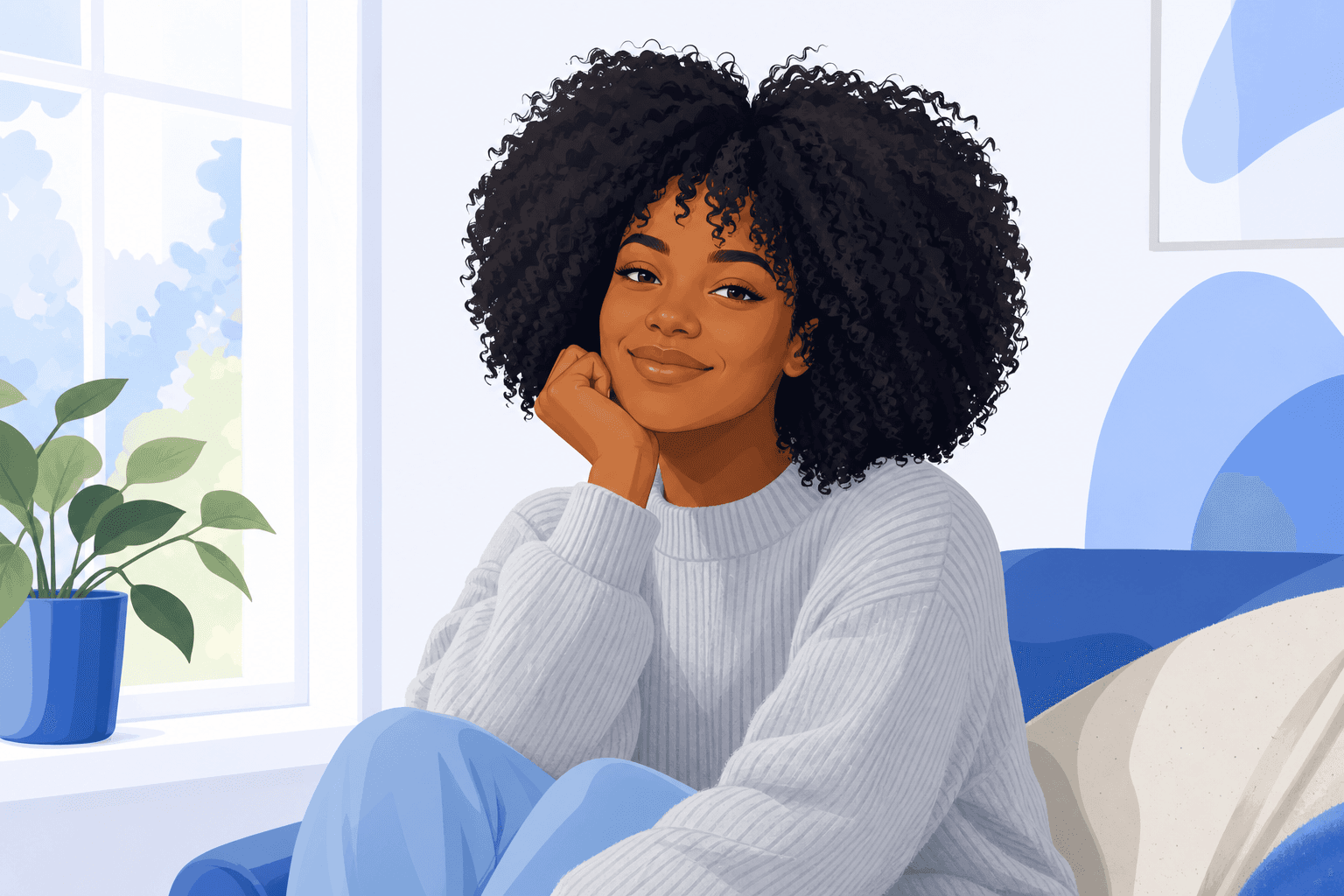 Illustrated portrait of a calm, confident woman with curly hair by a window