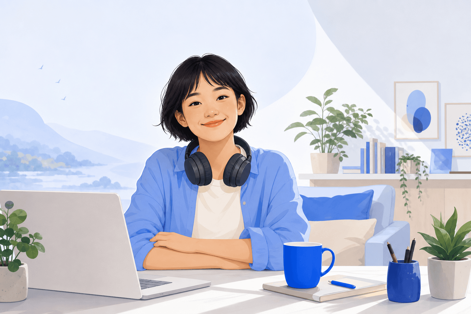 Illustration of a happy neurodivergent person starting their journey at a bright desk
